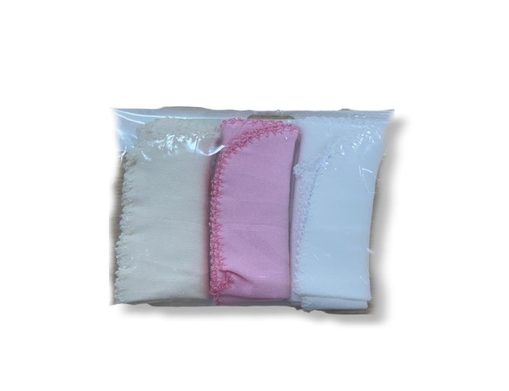 Σετ 3 Βρεφικές Λαβέτες με Δαντέλα – Εκρού, Ροζ & Λευκό