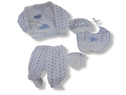 Σετ Βρεφικών Ρούχων 5 Τεμαχίων “Chery” – Λευκό με Γαλάζιες Λεπτομέρειες