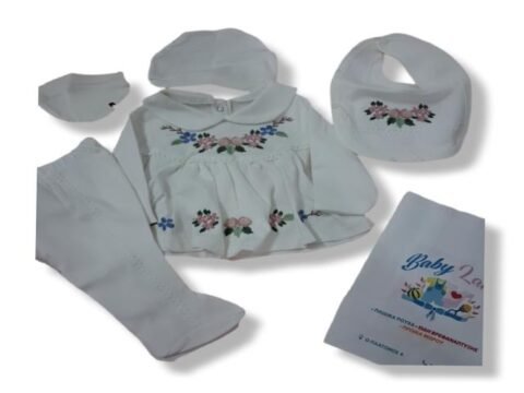 Alternative view of Σετ Βρεφικών Ρούχων με Κεντητά Λουλούδια – 100% Βαμβάκι