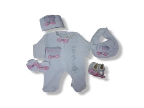 Σετ Βρεφικών Ρούχων “Petite Pupon Baby” με Στέμμα & Ροζ Φιόγκο – 5 Τεμαχίων