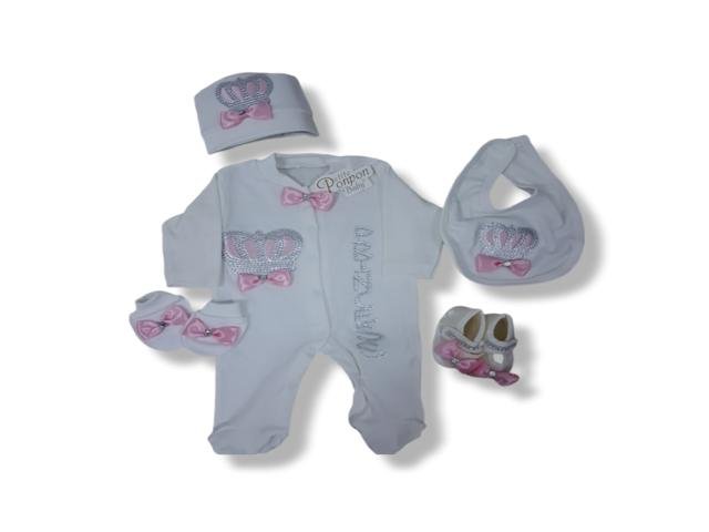 Σετ Βρεφικών Ρούχων “Petite Pupon Baby” με Στέμμα & Ροζ Φιόγκο – 5 Τεμαχίων