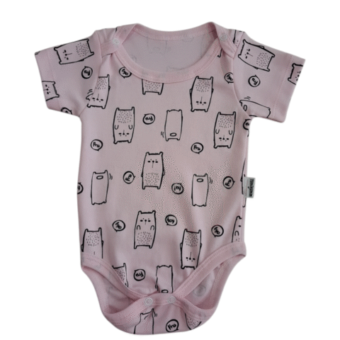 Ροζ Κοντομάνικο Βρεφικό Κορμάκι με Σχέδιο Γατούλες – 100% Βαμβάκι