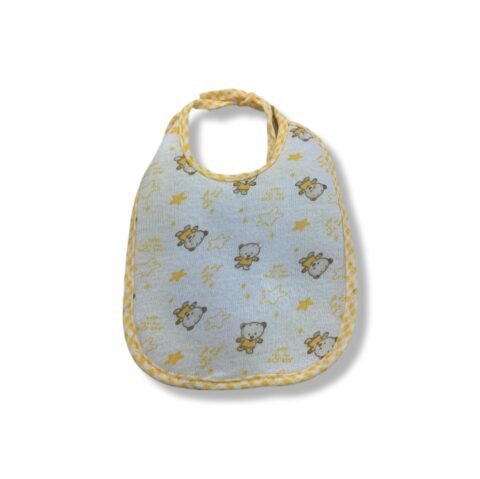 🧸 Βρεφική Σαλιάρα “Αρκουδάκι & Αστεράκια” με Κίτρινο Καρό Τελείωμα