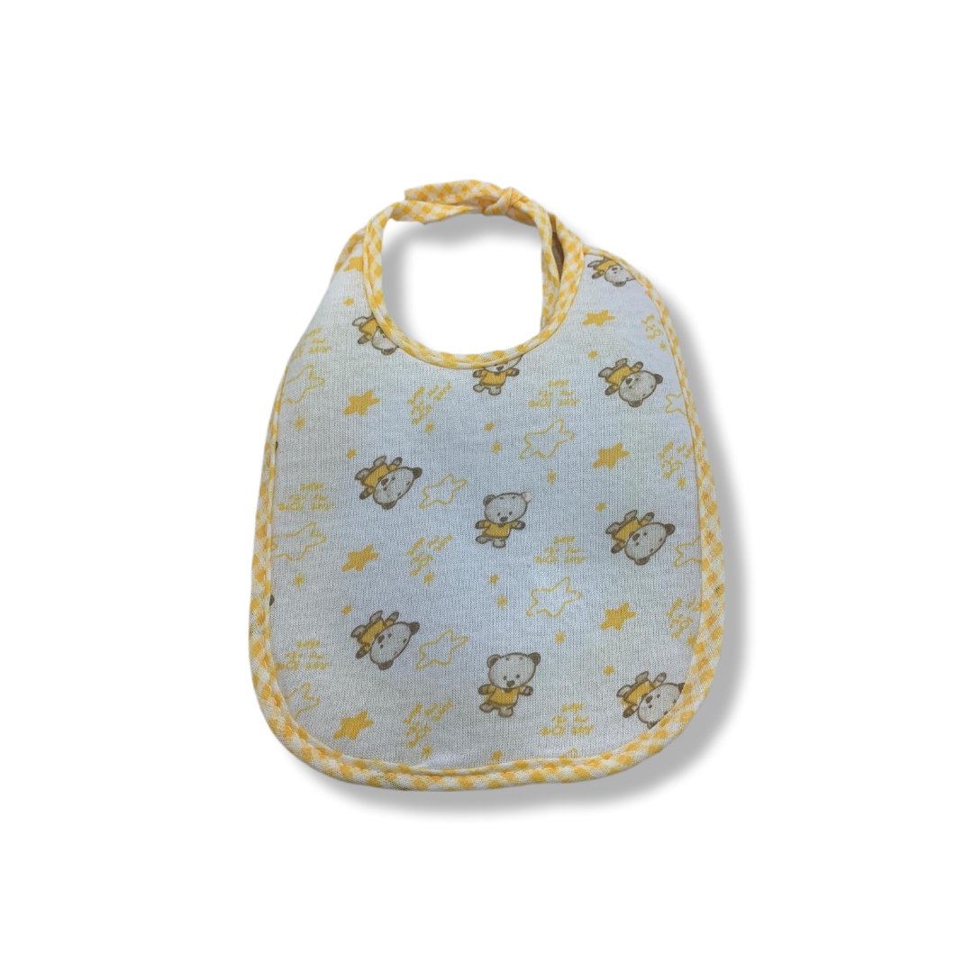 🧸 Βρεφική Σαλιάρα “Αρκουδάκι & Αστεράκια” με Κίτρινο Καρό Τελείωμα