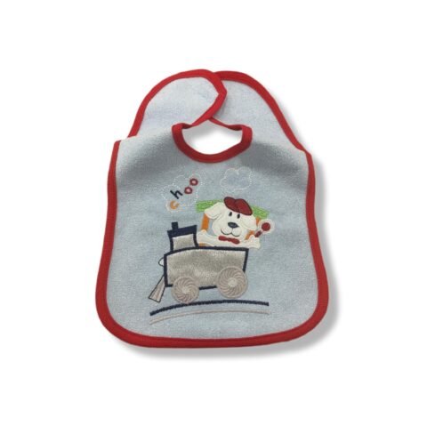 🚂 Βρεφική Σαλιάρα “Σκυλάκι στο Τρενάκι” με Κόκκινο Ρελάκι