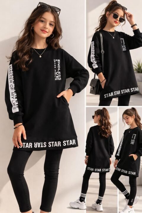 Μαύρο Αθλητικό Φόρεμα “STAR” – Μοντέρνο & Άνετο Look για Κορίτσια 🌟