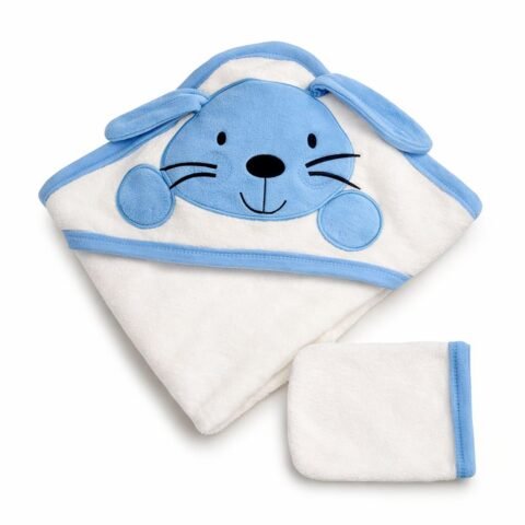 Βρεφική Πετσέτα Αγκαλιάς Λευκή με Γαλάζιο Ζωάκι – Απαλή & Χαριτωμένη