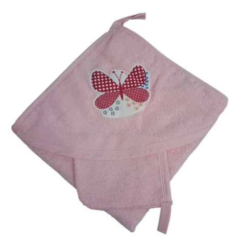 Ροζ Βρεφική Πετσέτα με Κουκούλα & Πεταλούδα
