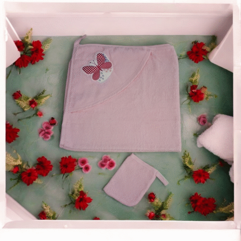 Alternative view of Ροζ Βρεφική Πετσέτα με Κουκούλα & Πεταλούδα