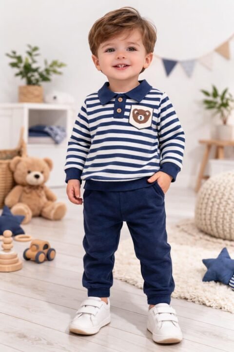 Σετ Βρεφικής Φόρμας Ριγέ Μπλε με Αρκουδάκι