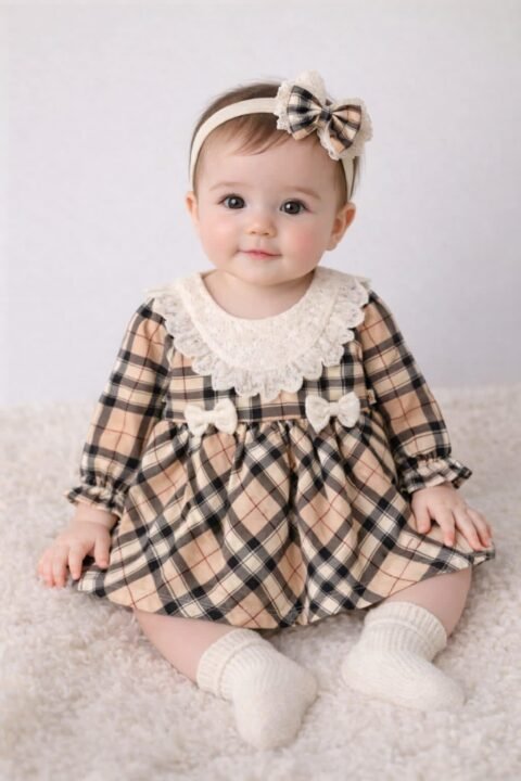 Κομψό Βρεφικό Φορεματάκι Καρό με Δαντελένιο Γιακά & Κορδέλα