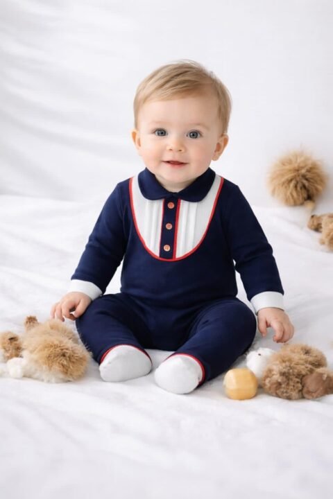 Βρεφικό Ολόσωμο Φορμάκι Μπλε Ναυτικό με Κομψό Γιακά