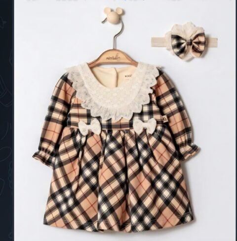 Κομψό Βρεφικό Φορεματάκι Καρό με Δαντελένιο Γιακά & Κορδέλα