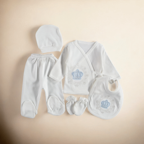 Alternative view of Βρεφικό Σετ 5 Τεμαχίων Λευκό με Κεντημένο Στέμμα 👑