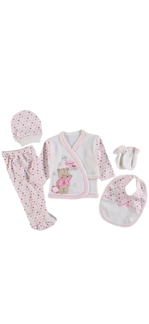 Βρεφικό Σετ 5 Κομματιών Λευκό με Ροζ Λεπτομέρειες & Αρκουδάκι 🧸
