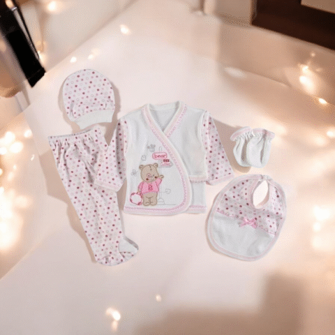Alternative view of Βρεφικό Σετ 5 Κομματιών Λευκό με Ροζ Λεπτομέρειες & Αρκουδάκι 🧸