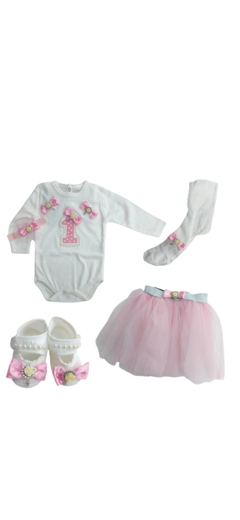 Παιδικό Σετ Γενεθλίων για 1 Έτους Λευκό Μπλουζάκι & Ροζ Φούστα 🎂🎀
