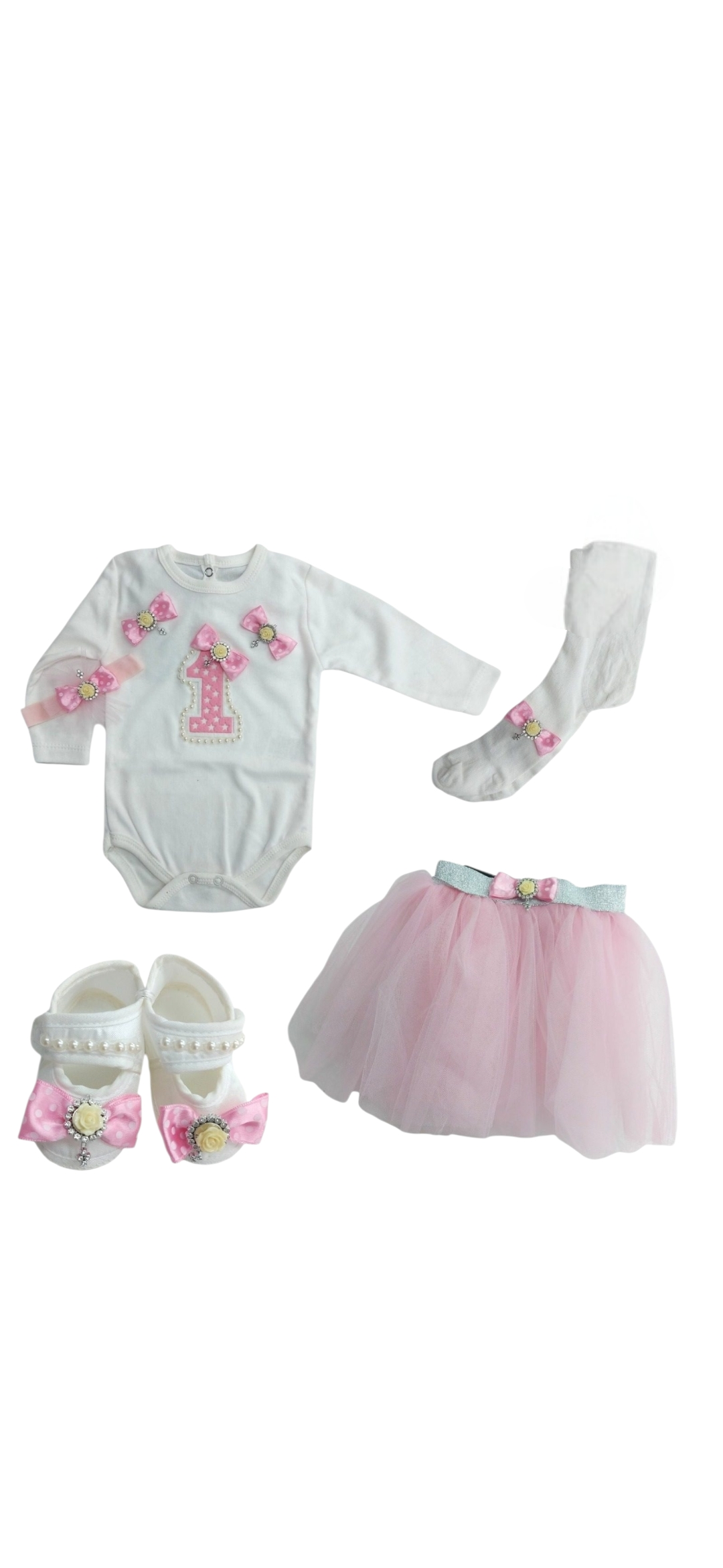 Παιδικό Σετ Γενεθλίων για 1 Έτους Λευκό Μπλουζάκι & Ροζ Φούστα 🎂🎀