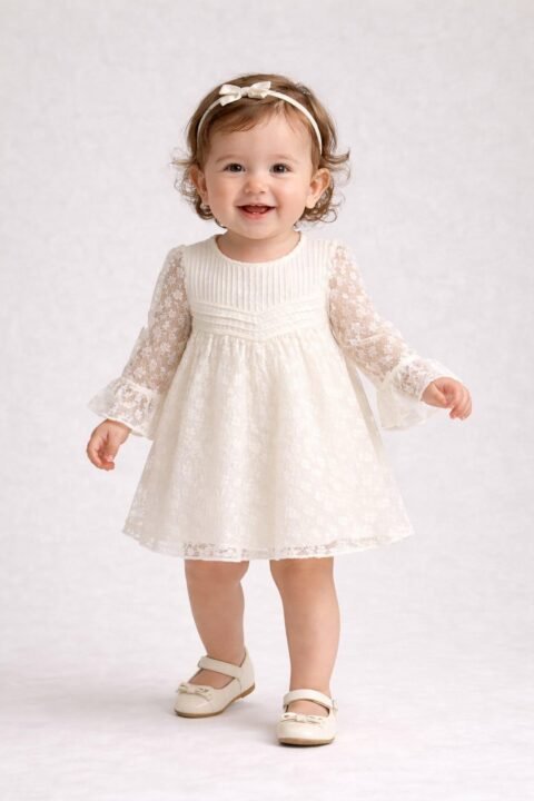 Βρεφικό Φόρεμα Εκρού με Δαντέλα και Μακριά Μανίκια