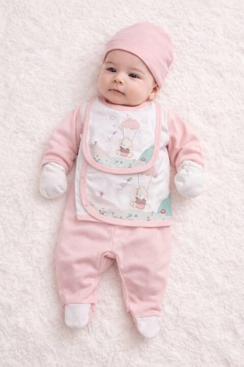 Βρεφικό Σετ 5 Τεμαχίων Ροζ με Αρκουδάκι – Απαλό & Γλυκό για Νεογέννητο 0-3 μηνών