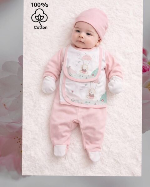 Βρεφικό Σετ 5 Τεμαχίων Ροζ με Αρκουδάκι – Απαλό & Γλυκό για Νεογέννητο 0-3 μηνών 100 cotton