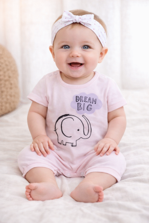Καλοκαιρινό Βρεφικό Φορμάκι Ροζ με Ελεφαντάκι “Dream Big”