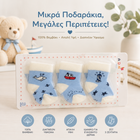 Βρεφικές Κάλτσες 100% Βαμβακερές με Ναυτικά Σχέδια – Σετ 3 Ζευγάρια